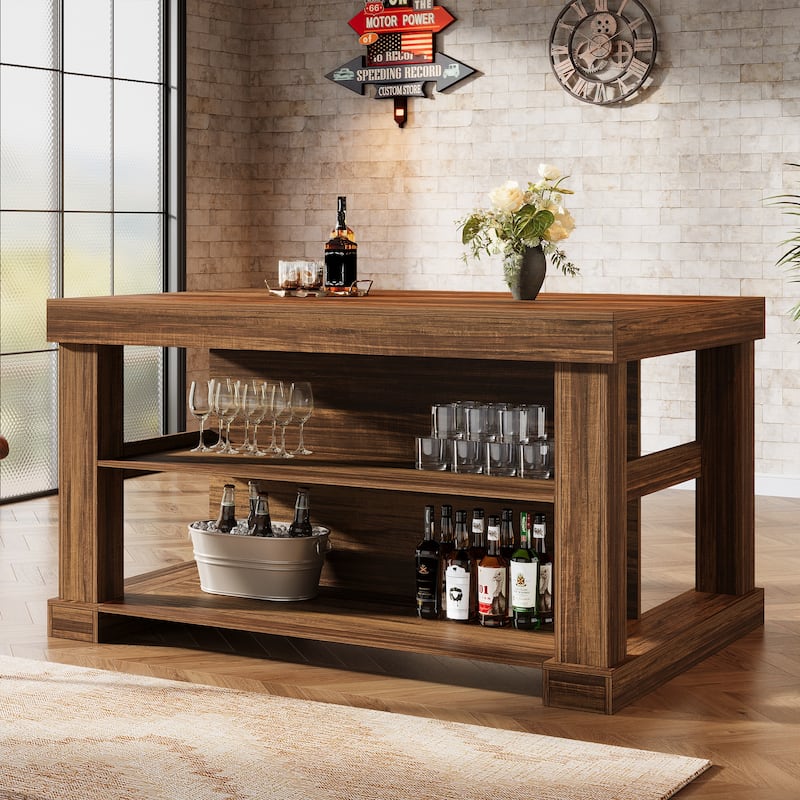 55-Inch Large Home Bar Unit, 3-Tier Pub Table with Storage Shelves - N/A