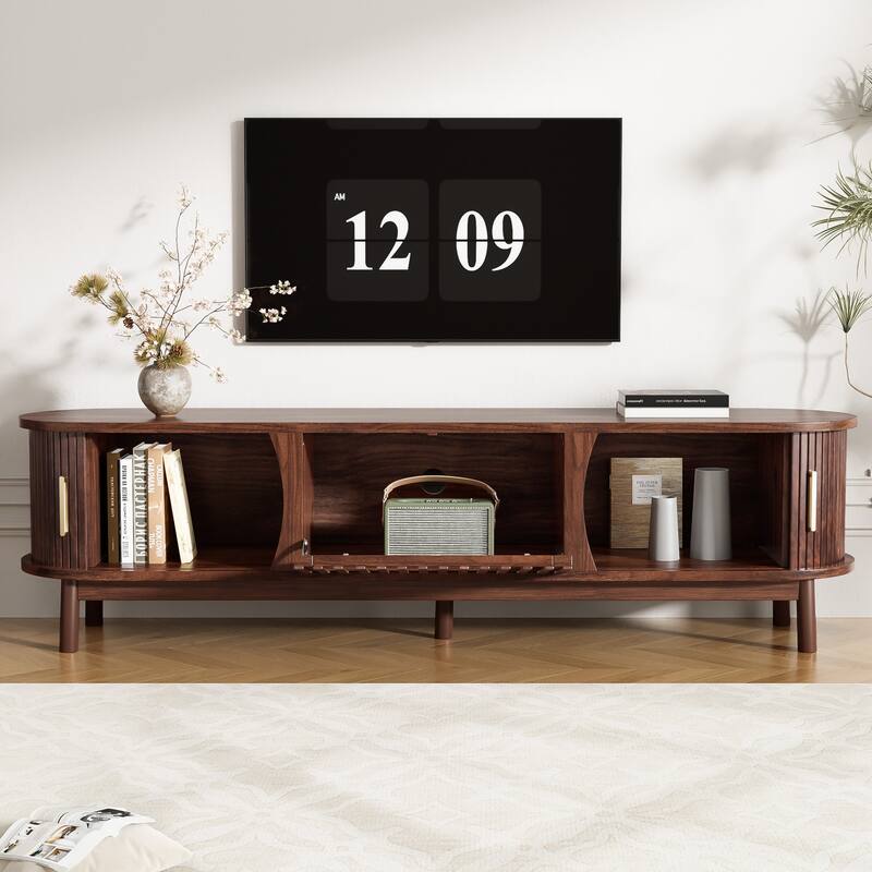 Farmhouse Curved TV Stand Entertainment Center for 75" TVs, Sliding Doors Television Cabinet Dark Brown TV Console Table
