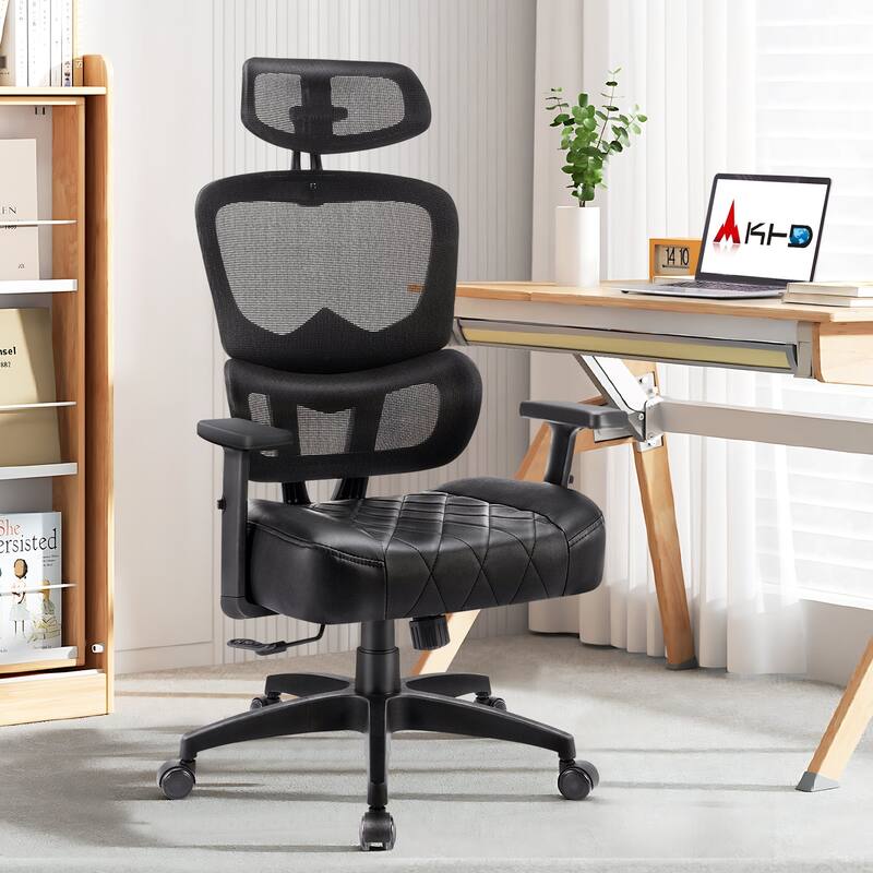 VECELO Executive Office Chair with PU Leather Seat Adjustable Height Mesh Backrest & 3D Lumbar Support 125° Reclining - Black
