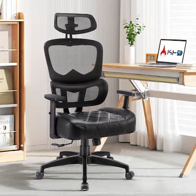 VECELO Executive Office Chair with PU Leather Seat Adjustable Height Mesh Backrest & 3D Lumbar Support 125° Reclining