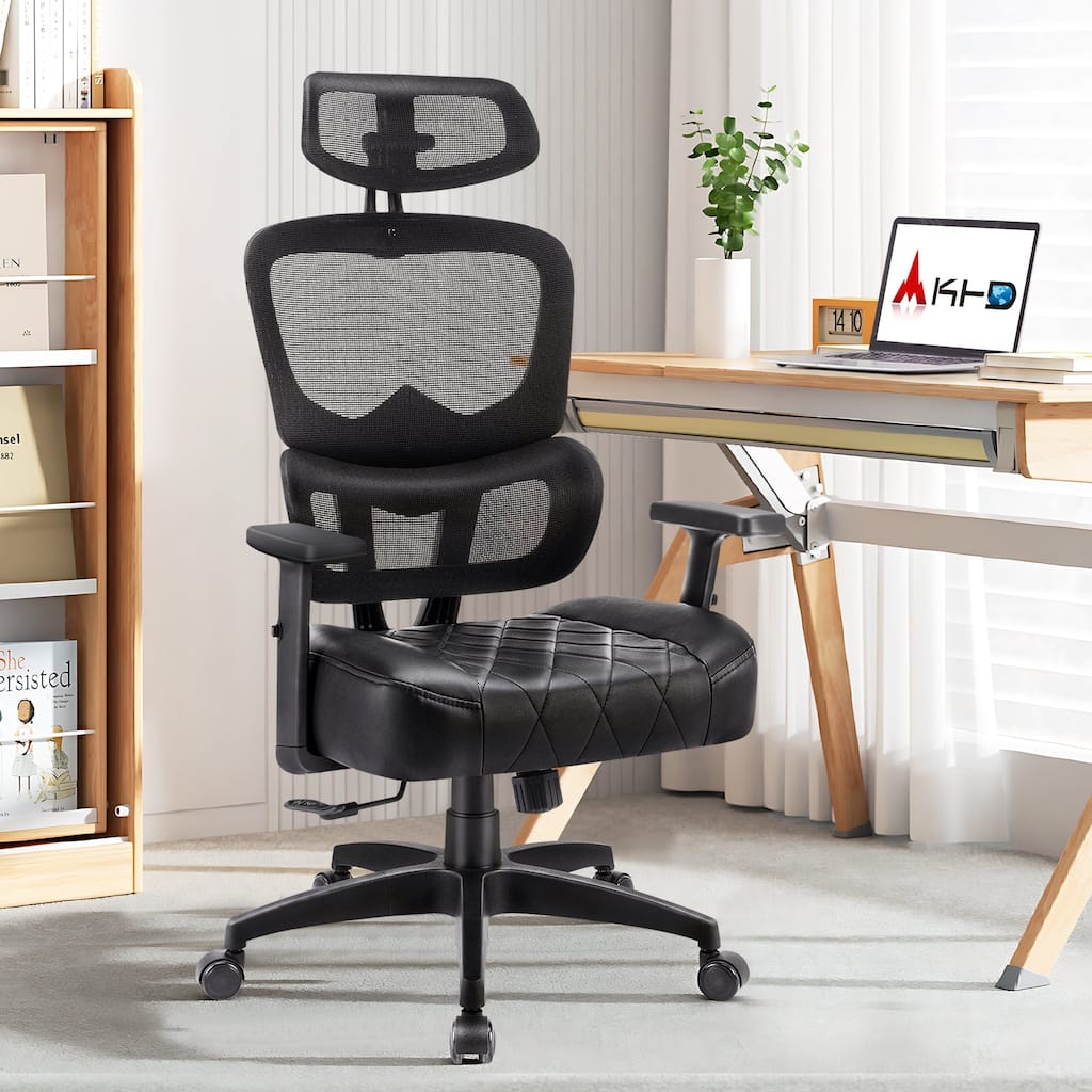 VECELO Executive Office Chair with PU Leather Seat Adjustable Height Mesh Backrest & 3D Lumbar Support 125° Reclining