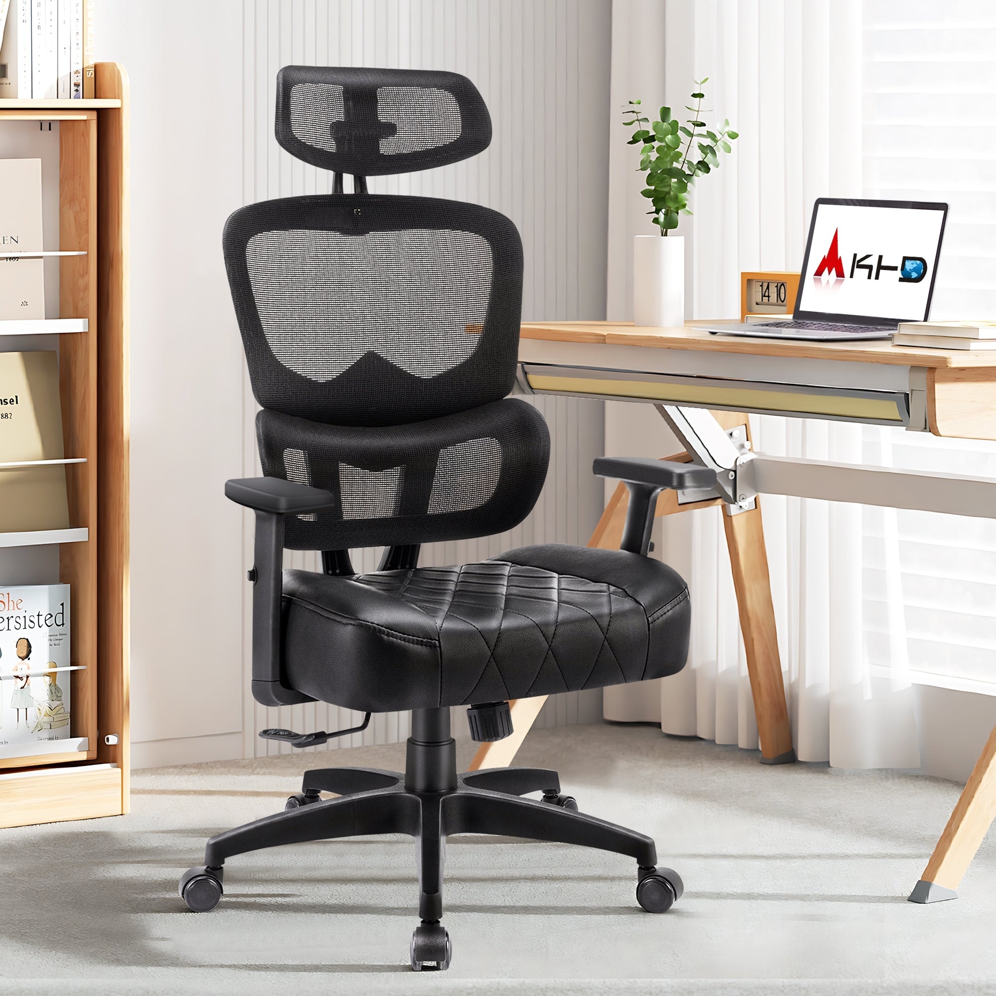 VECELO Executive Office Chair with PU Leather Seat Adjustable Height Mesh Backrest & 3D Lumbar Support 125° Reclining