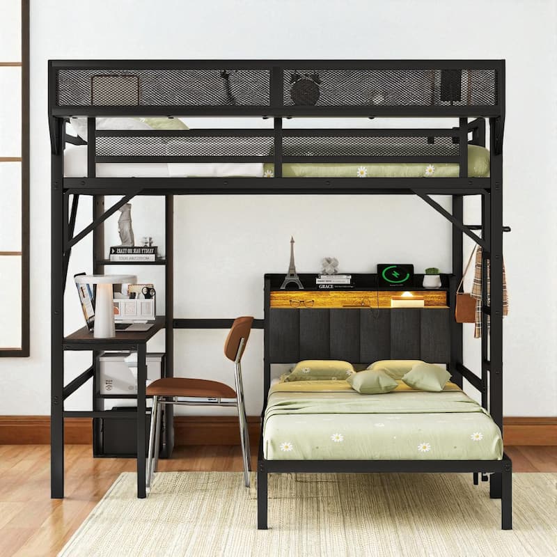 Full Over Twin Metal Bunk Bed with Desk, Bookshelves, LED Lights & Charging Station, Detachable Loft Bed