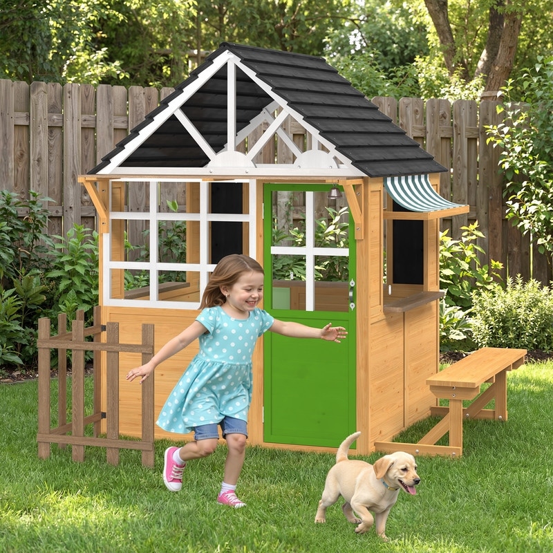 Outdoor Wooden Kids Playhouse With Play Kitchen and Blackboard