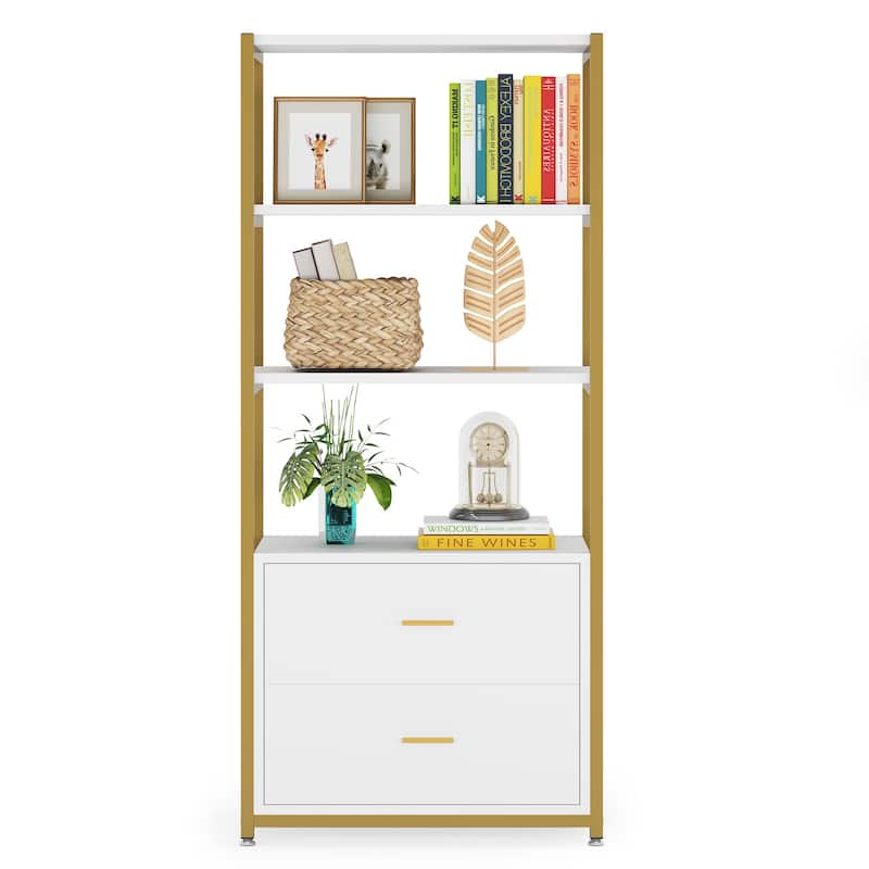 4-Tier Rustic Bookcases with 2 Drawers, Etagere Standard Book Shelves Display Shelf for Home Office
