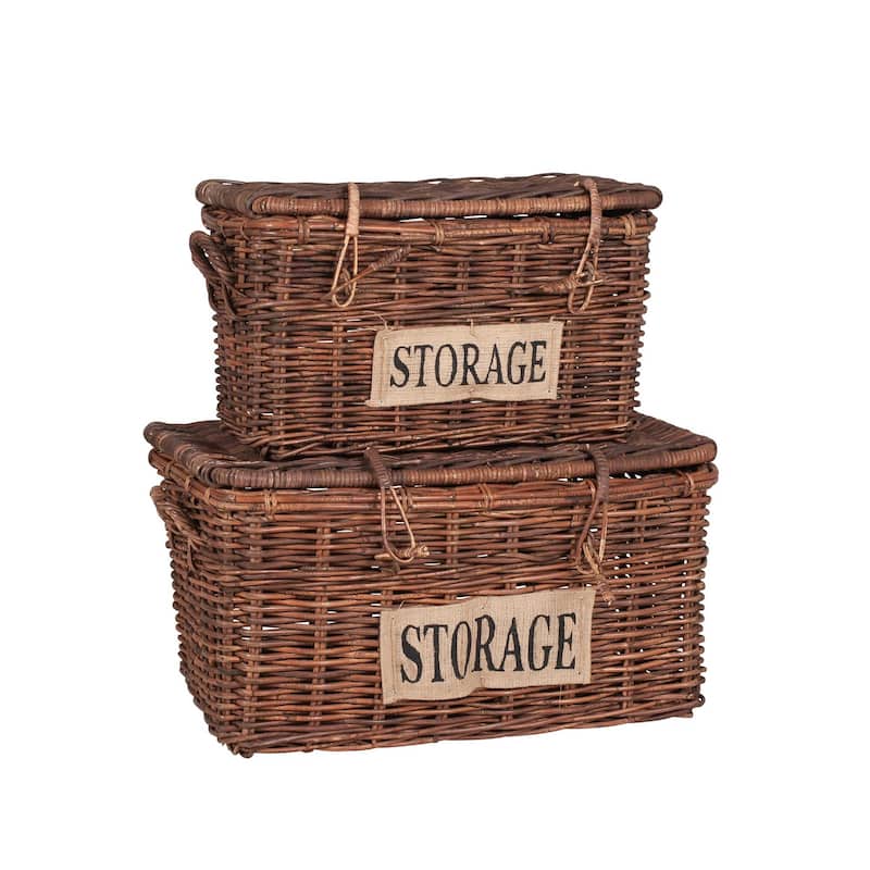 Handmade Natural Rattan Baskets With Lids (Set Of 2) by East at Main - 25"x14"x15" - Brown
