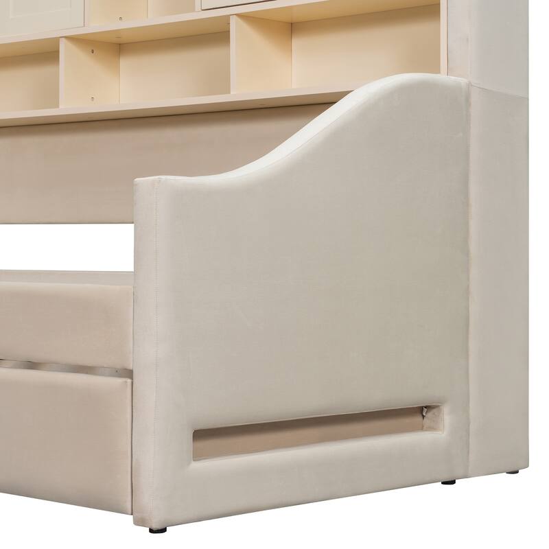 Twin Size Upholstered Daybed Sofa Bed with All-in-one Bookcase Storage Cabinets Shelves, Pull-out Lift-up Trundle, Arm Lights