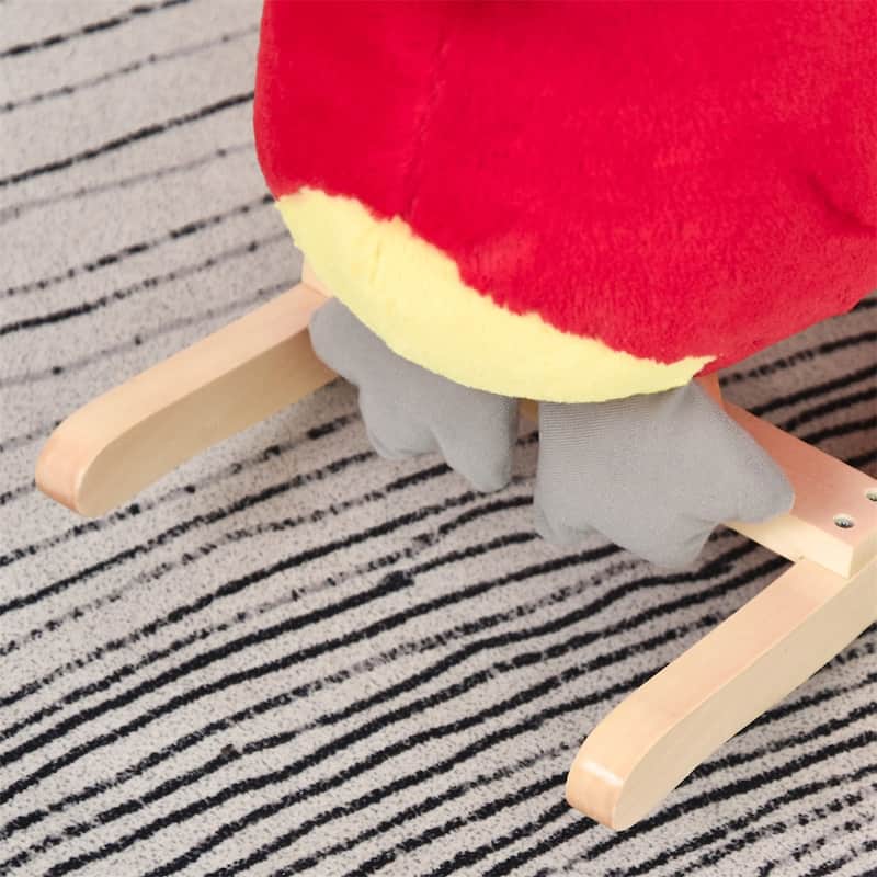 Red Plush Kids Rocking Parrot Horse with Comfortable Seat and Wooden Base Music Feature - 23.5" L x 13.75" W x 19.75" H