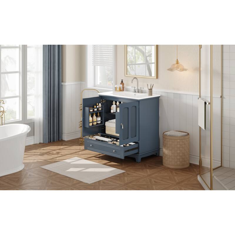 GDFStudio - Bramshire Modern Bathroom Vanity with Ceramic Sink, Solid Wood Feet, Drawer with Divider & Adjustable Shelf - 30'W