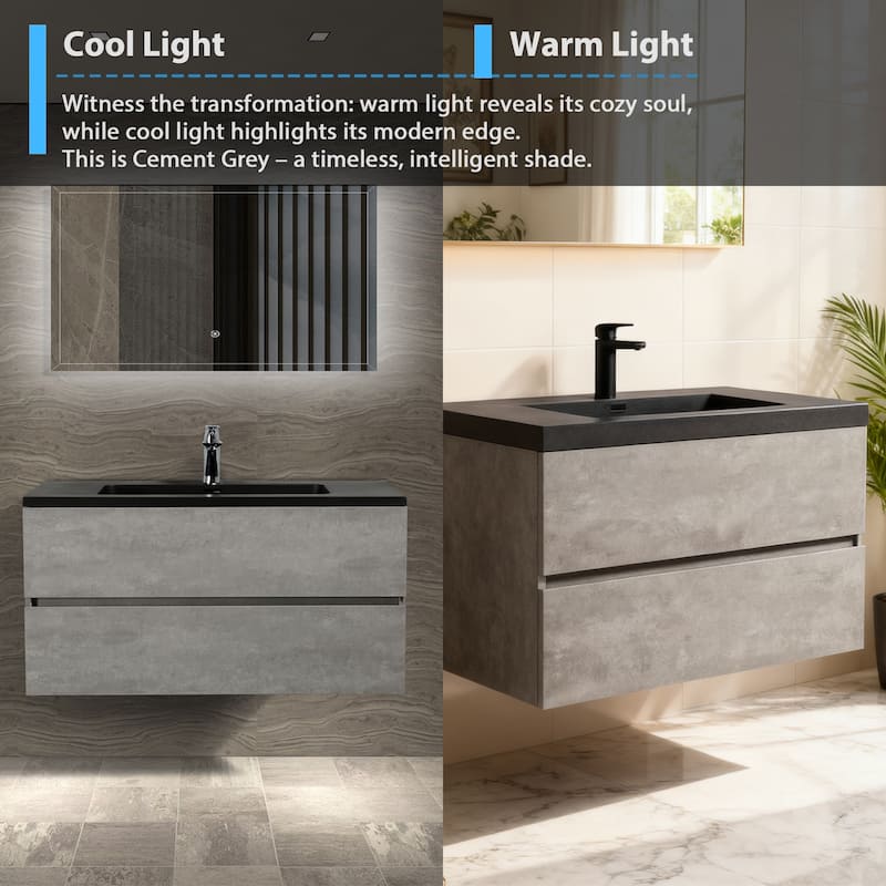 RupheonD 36" 48" Cement Grey Bathroom Vanity with Black Quartz Top