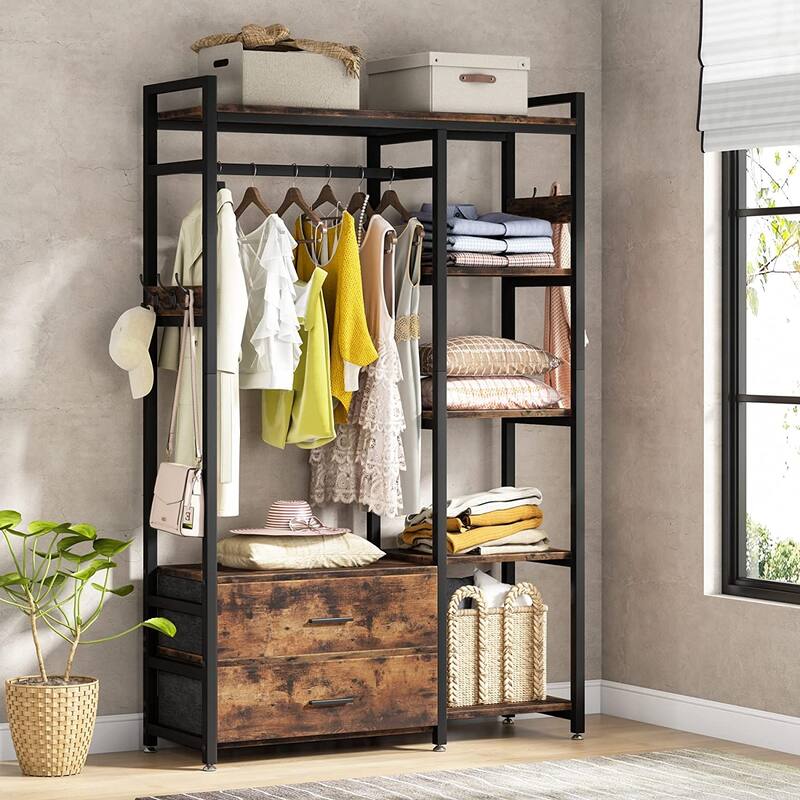 Freestanding Closet Organizer with 2 Drawers, Clothes Shelf Garment Rack with Shelves and Hanging Rod, Clothing Storage-Brown - Brown
