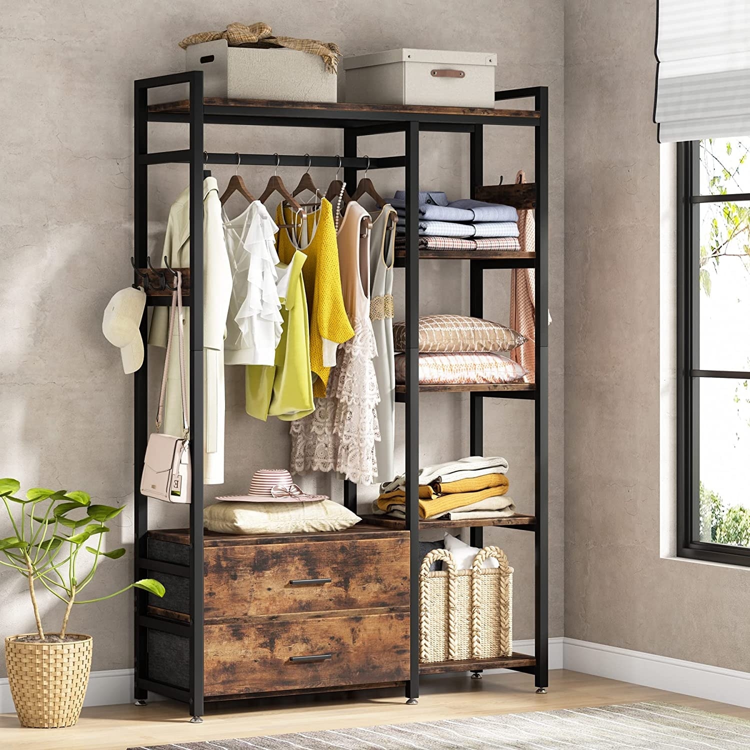 Freestanding Closet Organizer with 2 Drawers Clothes Shelf Garment Rack with Shelves and Hanging Rod Clothing Storage Brown On Sale Bed Bath Beyond 36502792
