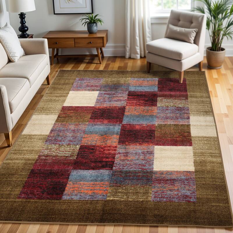 Superior Lockwood Color Block Non-Slip Washable Indoor Runner or Area Rug - 4' x 6' - Brown/Burgundy