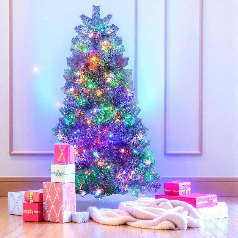 Silver Pre-Lit Artificial Christmas Tree 4FT/6FT/7.4FT with LED Lights, Hinged PVC Full Tree and Metal Stand - 6 Foot