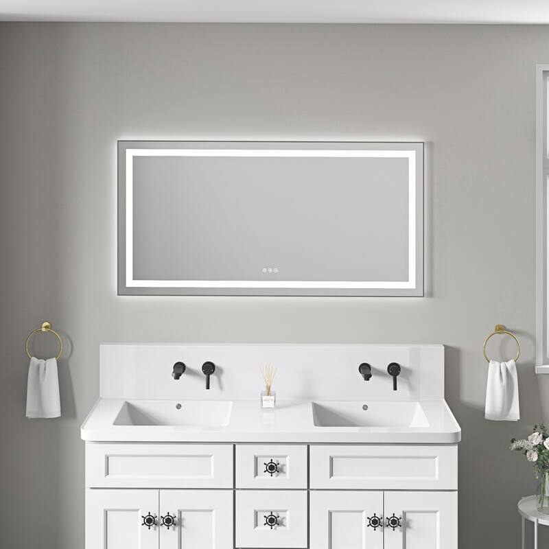 55 x 28 Inch LED Bathroom Mirror with Front and Backlight, Wall Mounted Vanity Mirror with Aluminum Frame, Anti-Fog - Gun Ash