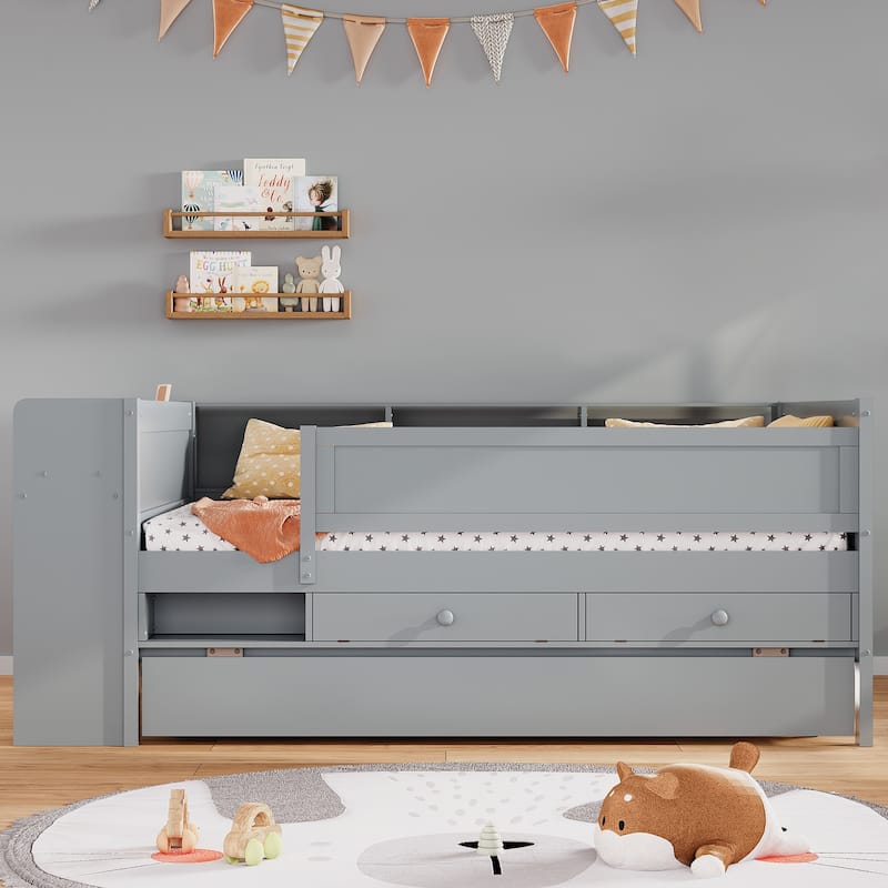 Multi-Functional Twin Size Daybed with Headboard Storage, Drawers and Trundle