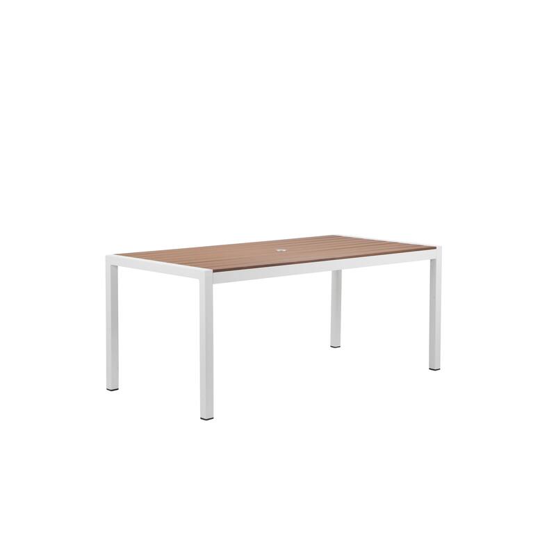 Fifi 71 Inch Outdoor Dining Table, Brown Polyresin Top, White Metal Frame