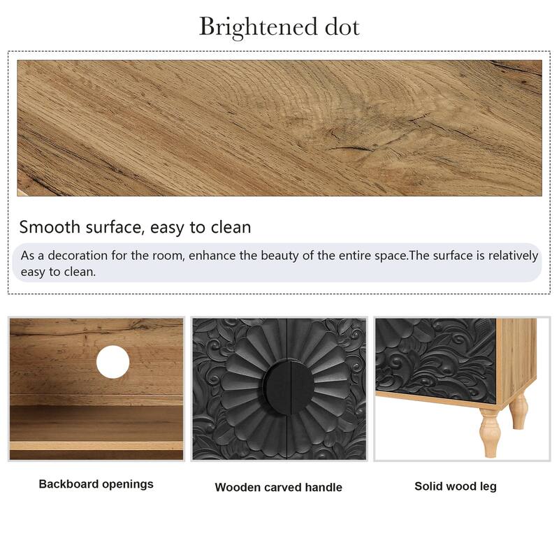 Black Carved Symmetrical Design Door And Wood Coloured Frame For TV Stand Table,Living Room,Entryway