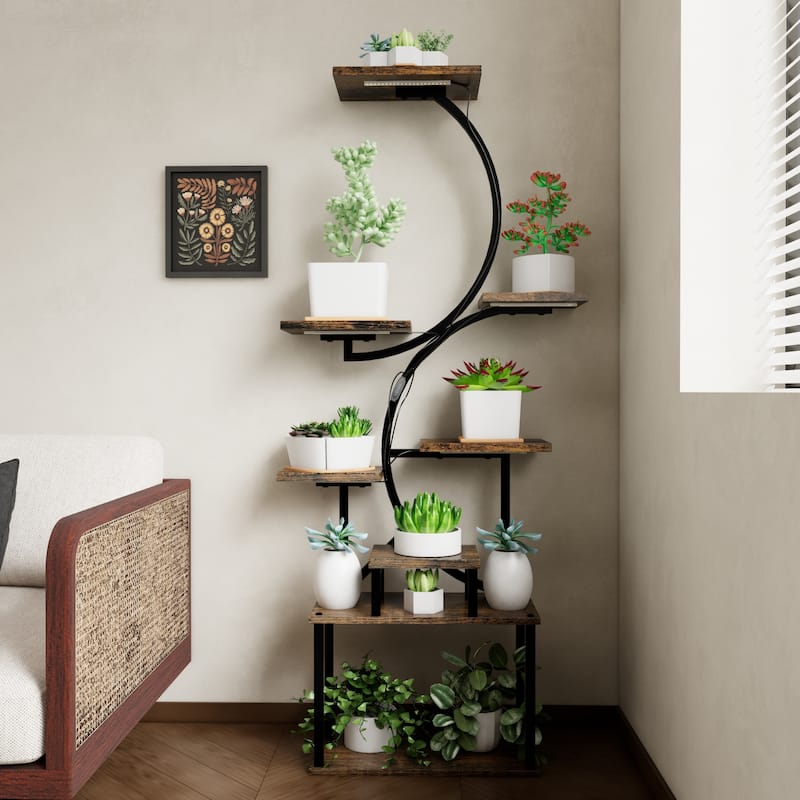8-Tier Rustic Brown Plant Stand with Grow Lights Indoor Shelf Rack for Living Room Decor - 28.30”L x 10.20”W x 62”H