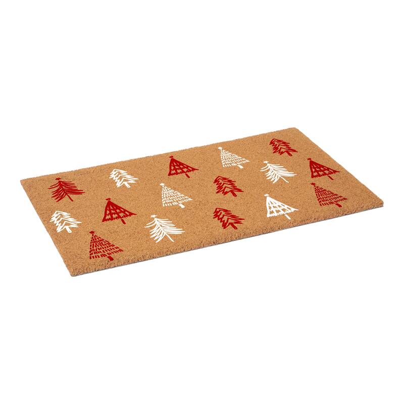 HomeRoots 17" X 29" Brown Red And White Christmas Trees Outdoor Coir Door Mat - 17.00' X '29.00