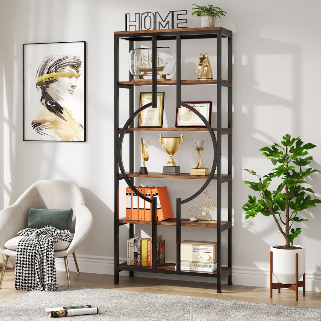 Industrial 71 Inch Bookshelf, 5-Tier Etagere Bookcase Storage Rack Display Shelf for Home and Office - Rustic Brown
