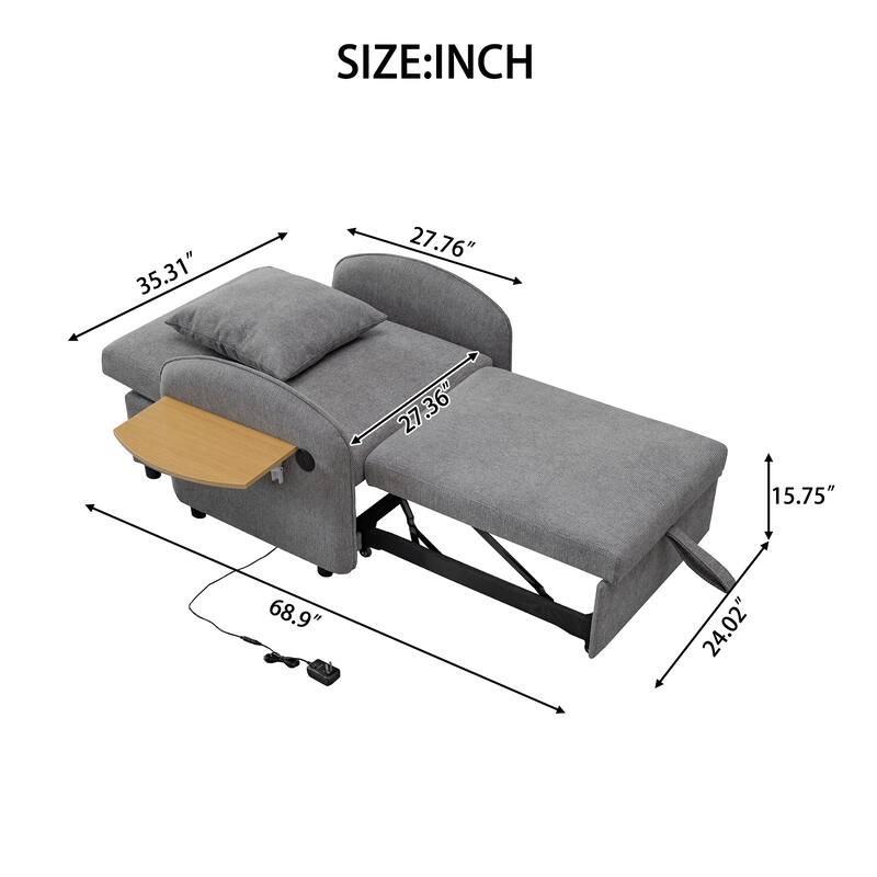 Convertible Single Chair Bed, 3 in 1 pull-out sofa bed comes with a computer board and USB ports