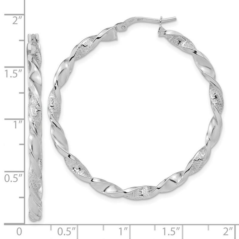 Curata 14k White Gold Polished and Textured 42.5x3mm Twisted Hoop Earrings