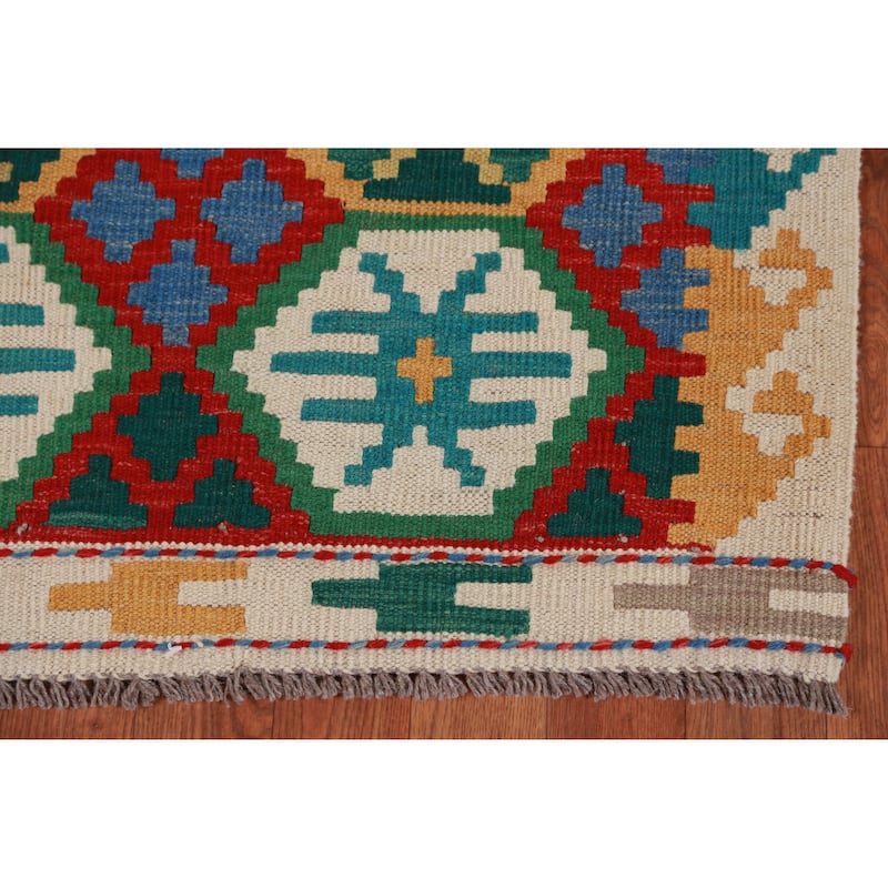 Multicolored Kilim Runner Rug Hand-Woven Geometric Wool Carpet - 2'10" x 16'0"