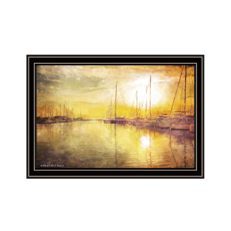 TrendyDecor4U Contemporary "Yellow Sunset Boats In Marina " Framed Print Wall Art - Multi