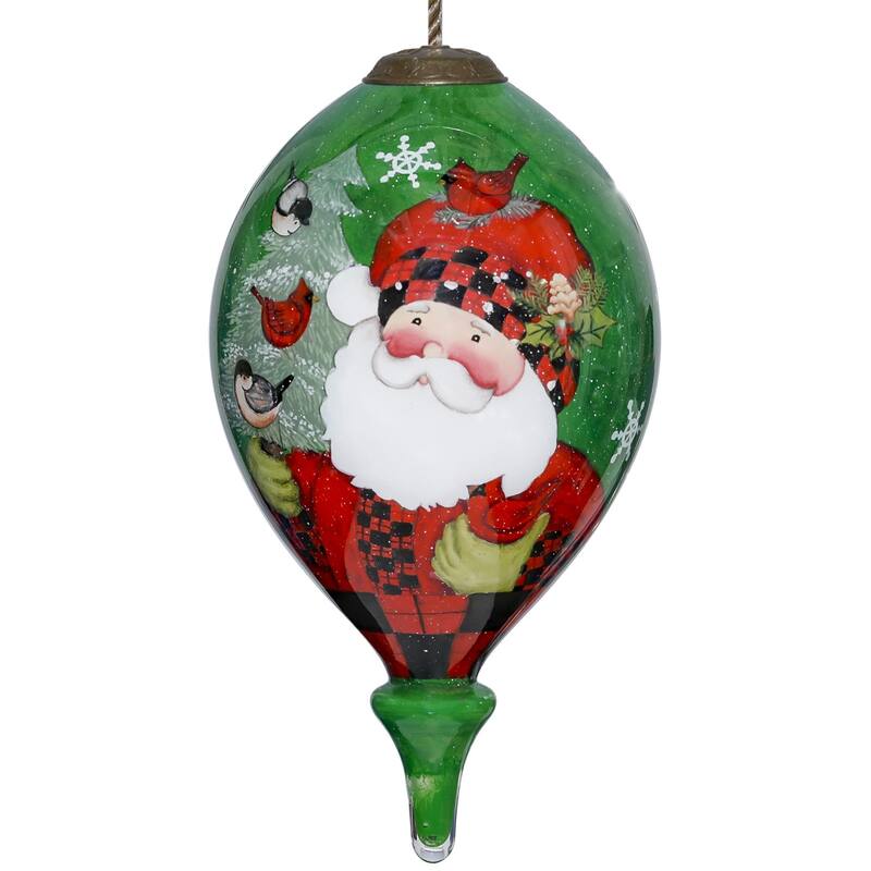 Plaid Santa with Cardinals Hand Painted Mouth Blown Glass Ornament - 4.75" x 2.5" x 2.5"