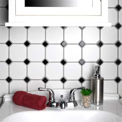 Merola Tile Metro Octagon Matte White w/Black Dot 11-1/2" x 11-1/2" Porcelain Mosaic Floor and Wall Tile