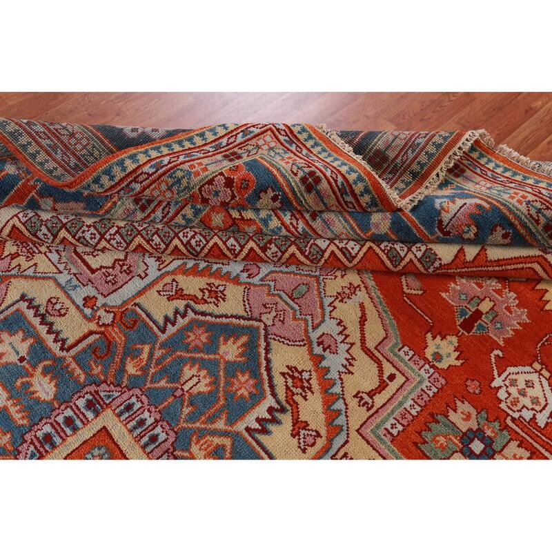 Hand Knotted Oriental 100% Wool Carpet Traditional Medallion Oranges & Rust Heriz (serapi) Area Rug - 14' 9'' X 11' 10''