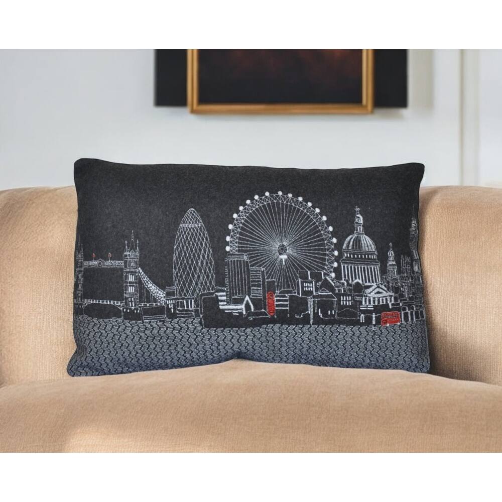 HomeRoots 25" Black London Nighttime Skyline Lumbar Decorative Pillow