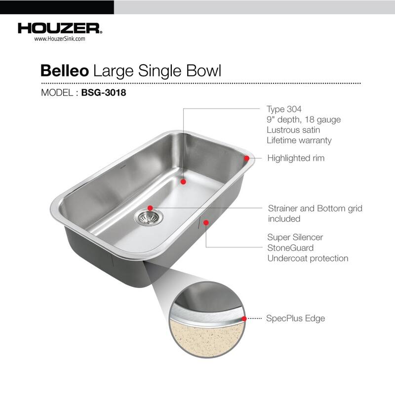 Houzer Belleo 32" Drop In Single Basin Stainless Steel Kitchen Sink - Stainless Steel