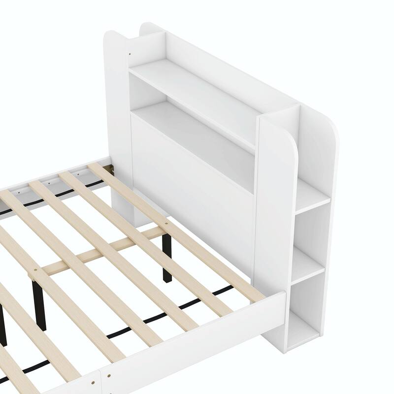 Platform Bed with Storage Headboard, Multiple Shelves on Both Sides