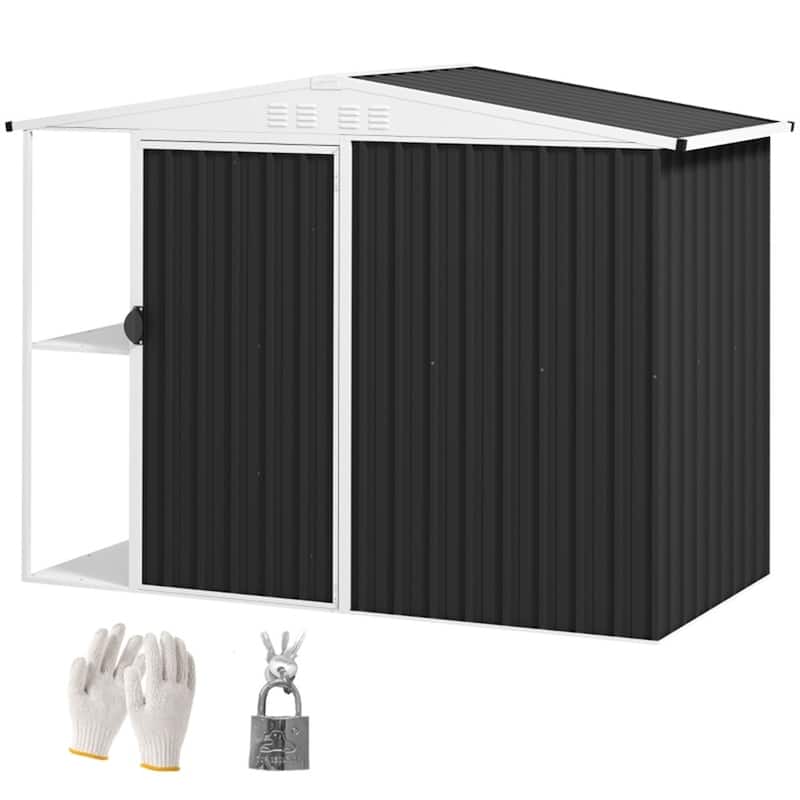 Outdoor Tool Shed 7x4 ft with Two-Tier Storage Rack and Sloped Roof - 96.5" W x 46.1" D x 63.4"/70.9" H