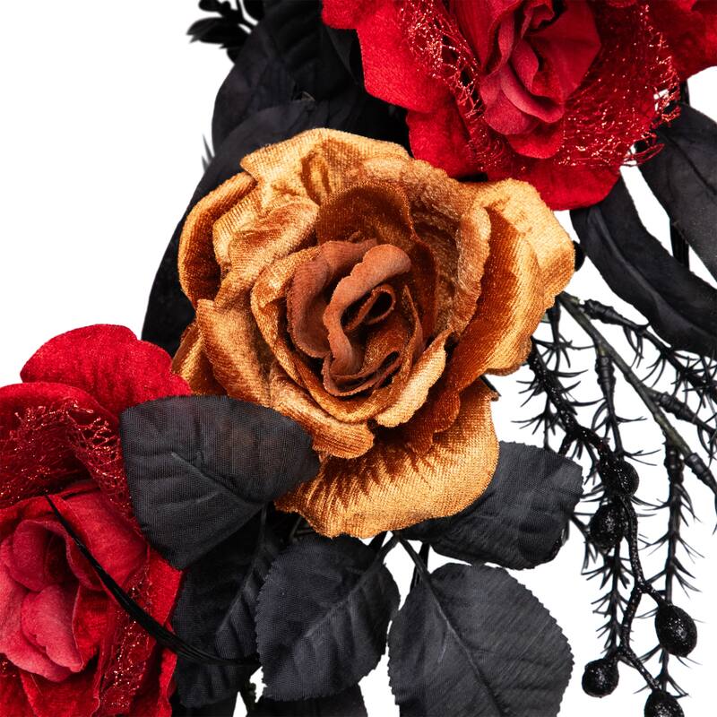 Roses with Mixed Foliage Halloween Wreath - 22" - Red and Gold - Unlit