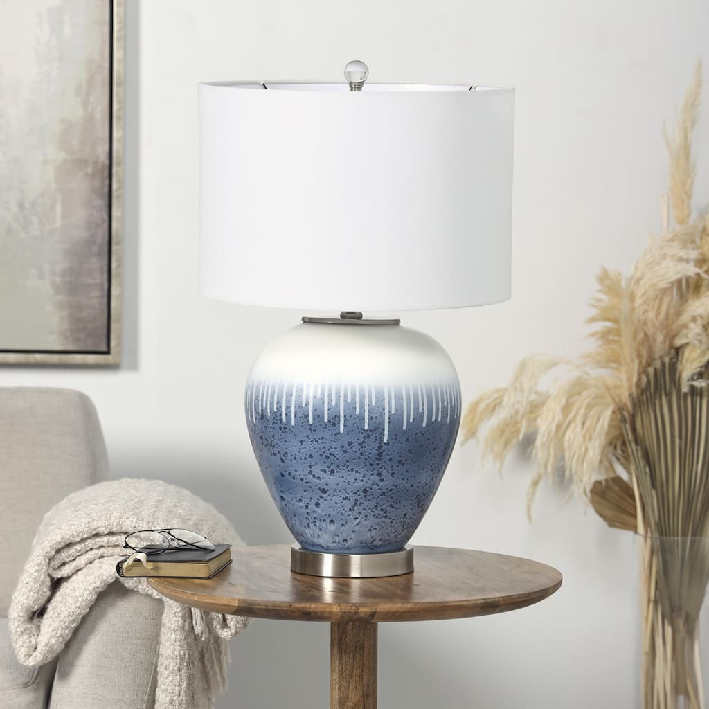 Blue Glass Colorblock Abstract Drip Abstract Room Accent Lamp with Cream Accent and Silver Base