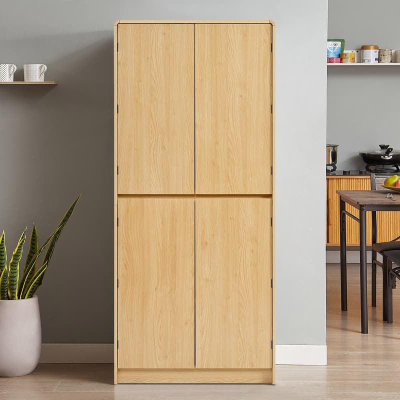 Farmhouse 72" Tall Kitchen Pantry Cabinet, Freestanding Curved Design with Adjustable Shelves and Hidden Drawer - Natural