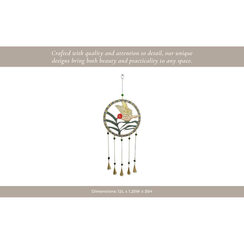 Wood Metal Mosaic Hummingbird Wind Chime Hanging Decor - 35" Green - 12" x 1.25" x 35"
