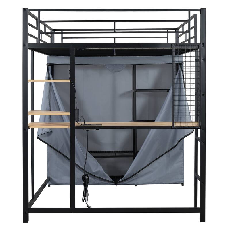 Full Size Metal Loft Bed with Built-in Desk, Wardrobe & Power Outlet - 350LB Capacity