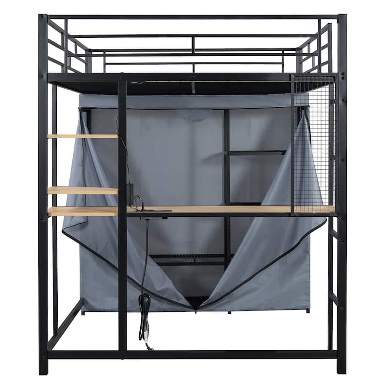 LED Twin Metal Loft Bed Heavy Duty Bed with Desk, Shelves, Power Outlet