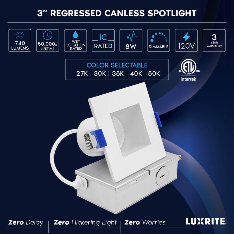 Luxrite 3 in. Square LED Recessed Ceiling Light J-Box 8W 5CCT 740 Lumens Wet Rated IC Rated ETL 4 Pack