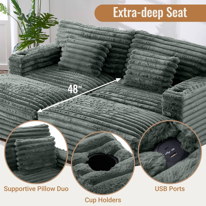 Oversized Double Chaise Lounge Sofa, Living Room 2 Seater Sofa Upholstered Sleeper Sofa Bed Daybed with USB Ports & Cup Holders