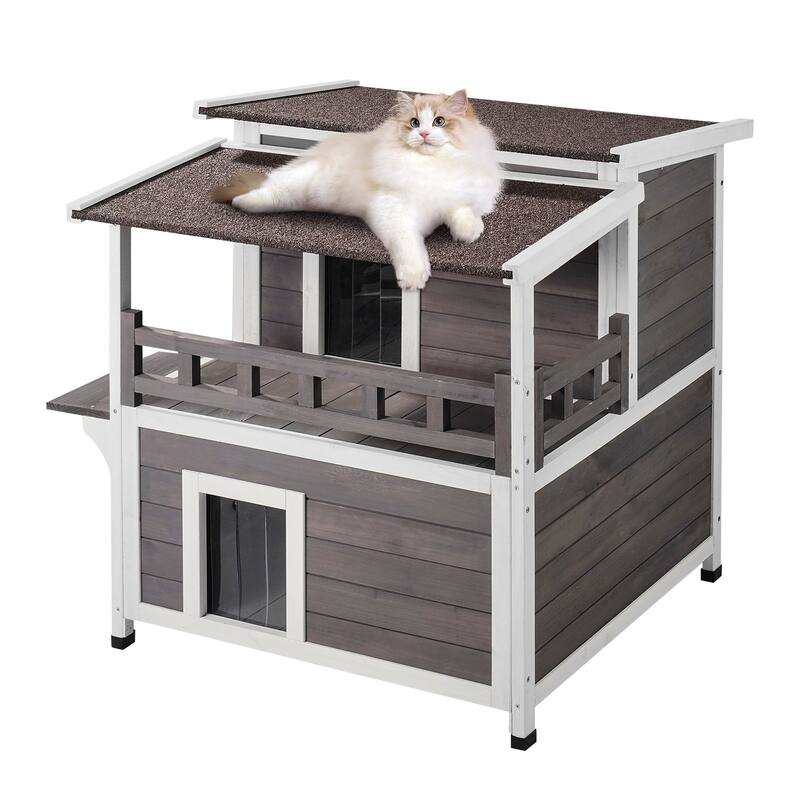 Grey Wooden Outdoor Double Layer Cat House with Jumping Platform and Asphalt Roof - 30” x 30” x 32”