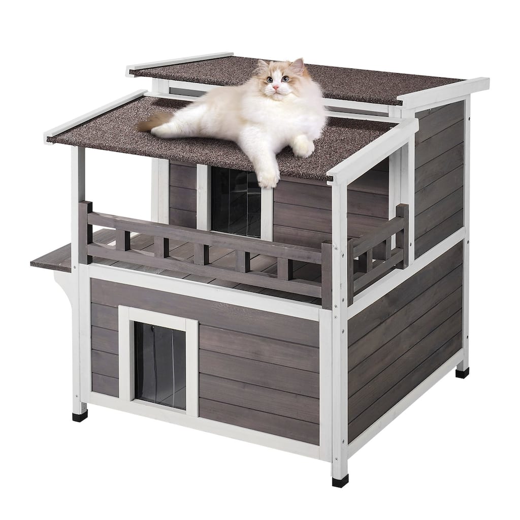 Grey Wooden Outdoor Double Layer Cat House with Jumping Platform and Asphalt Roof - 30” x 30” x 32”