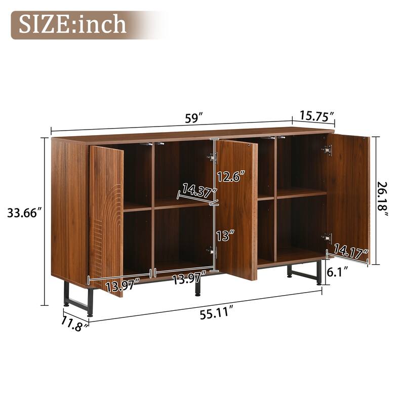 Sideboard Buffet Cabinet with Geometric Carved Doors, Storage Cabinet with Metal Legs, Multi-Functional Food Pantry Cabinet