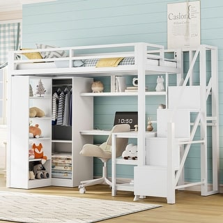 Twin Size Metal Loft Bed Frame with L-Shaped Desk, USB Ports, Storage Shelf, Wardrobe and Stepped Stairs for Bedroom
