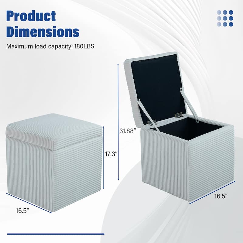 16.5"D X 16.5"W Corduroy Square Fliip Top Storage Small Ottoman Footstool for Living Room & Bedroom