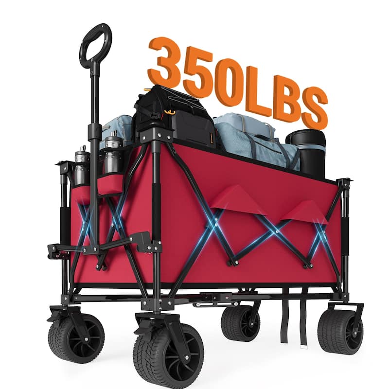 Folding All Terrain Utility Wagon Cart with Wheels and Cup Holders